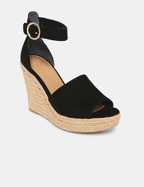 GUESS Women Black Suede Jute Braided Midfoot Haleey Wedges