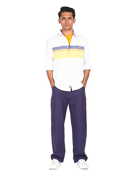 Aeropostale Men White And Yellow Spread Collar Striped Casual Shirt