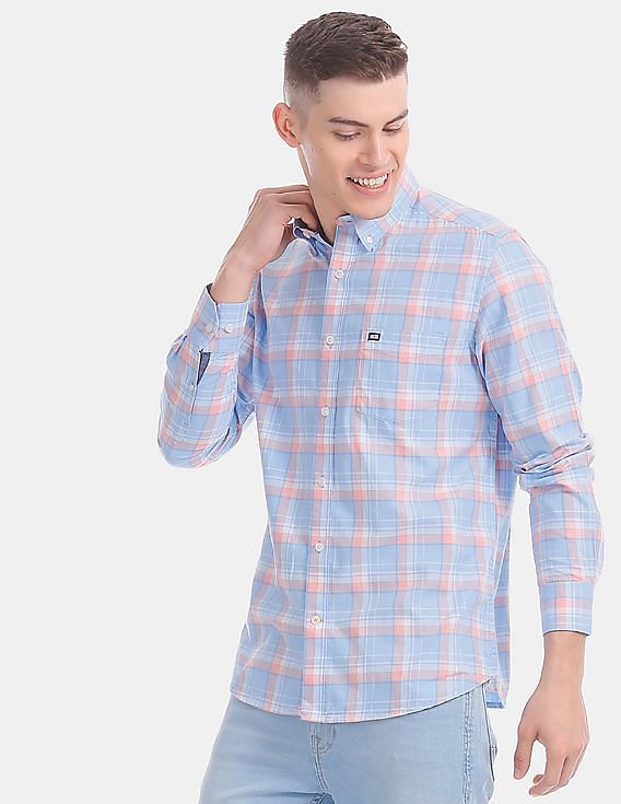 blue pink check shirt