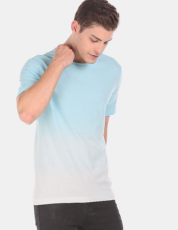 Aeropostale Men Light Blue And White Ombre Dyed Cotton T-Shirt