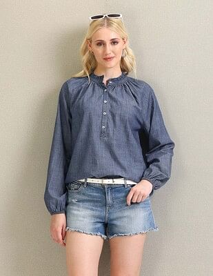 U S Polo Assn Women Raglan Sleeve Chambray Shirt