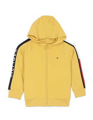 Tommy Hilfiger Kids Boys Yellow Zip Up Brand Stripe Hooded Sweatshirt