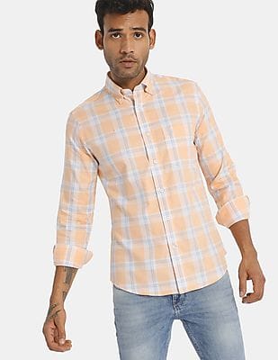 Light Orange Cotton Check Casual Shirt 