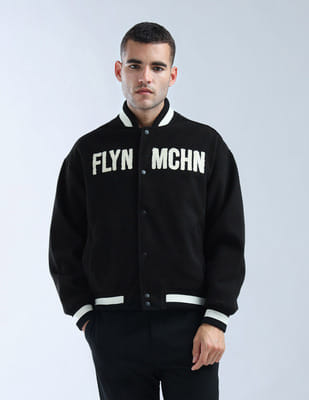Buy Flying Machine Appliqued Pattern Relaxed Fit Varsity Jacket