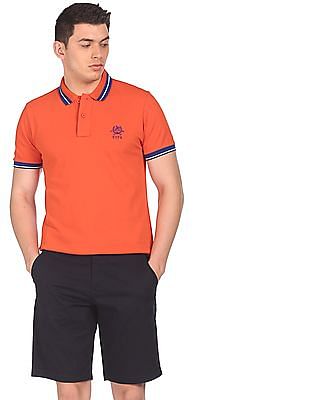 U S Polo Assn Men Orange Cotton Solid Polo Shirt