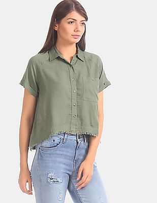 Buy Aeropostale Women Green Raw Hem Short Sleeve Shirt