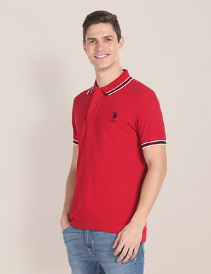 U S Polo Assn Striped Collar Solid Polo Shirt