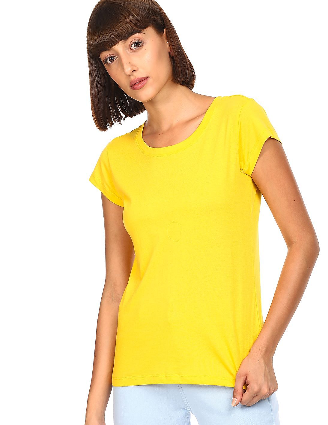Buy SUGR Women Yellow Solid Cotton T ...