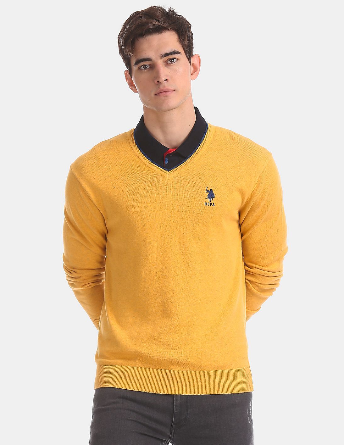 yellow v neck jumper mens