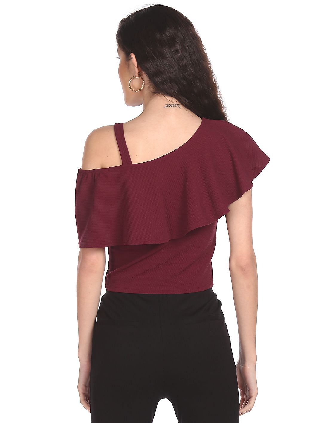 Buy SUGR Women Wine Off-Shoulder Patterned Knit Top 