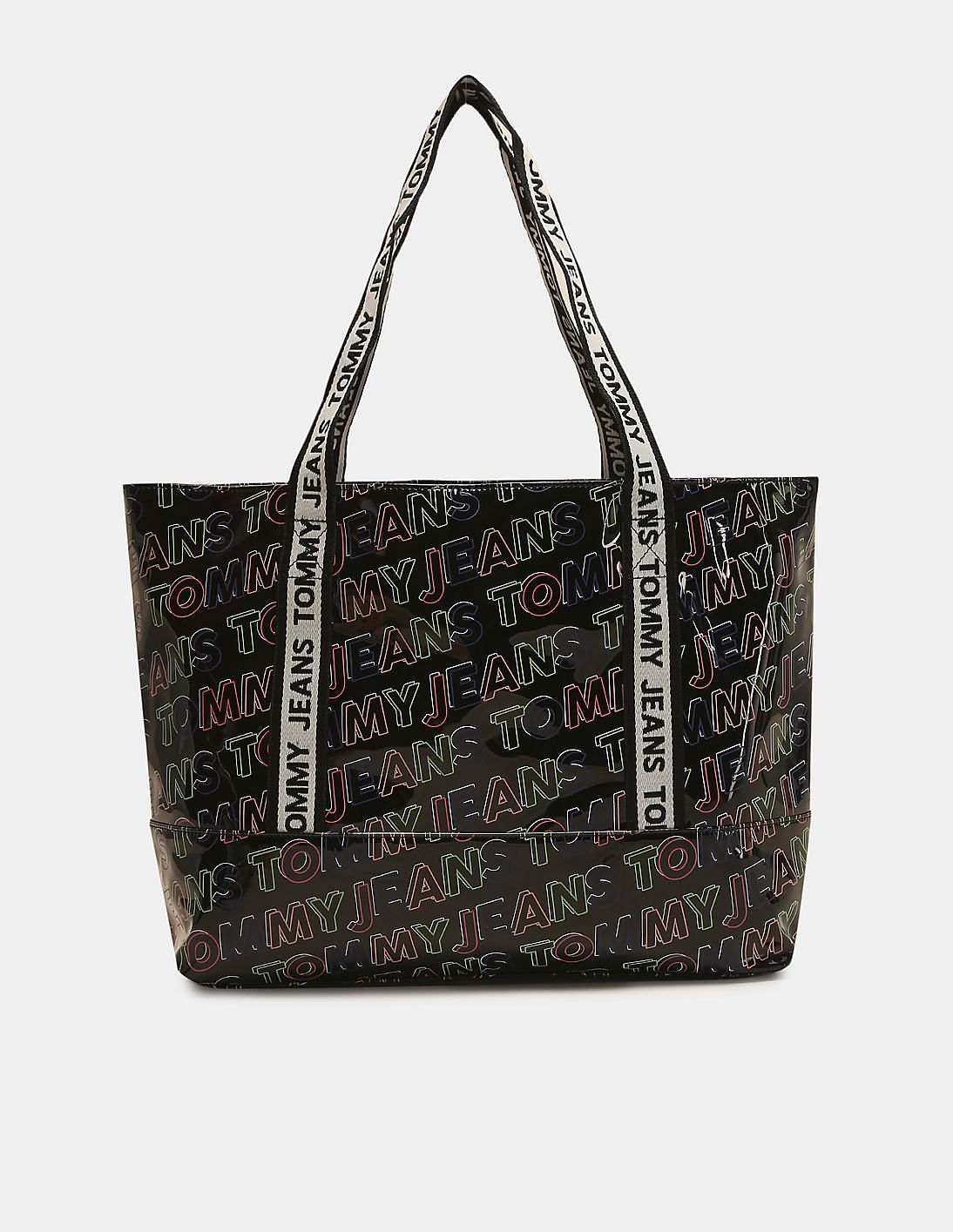 Buy Tommy Hilfiger Women Black Logo Tape Strap Monogram Print Tote Bag ...