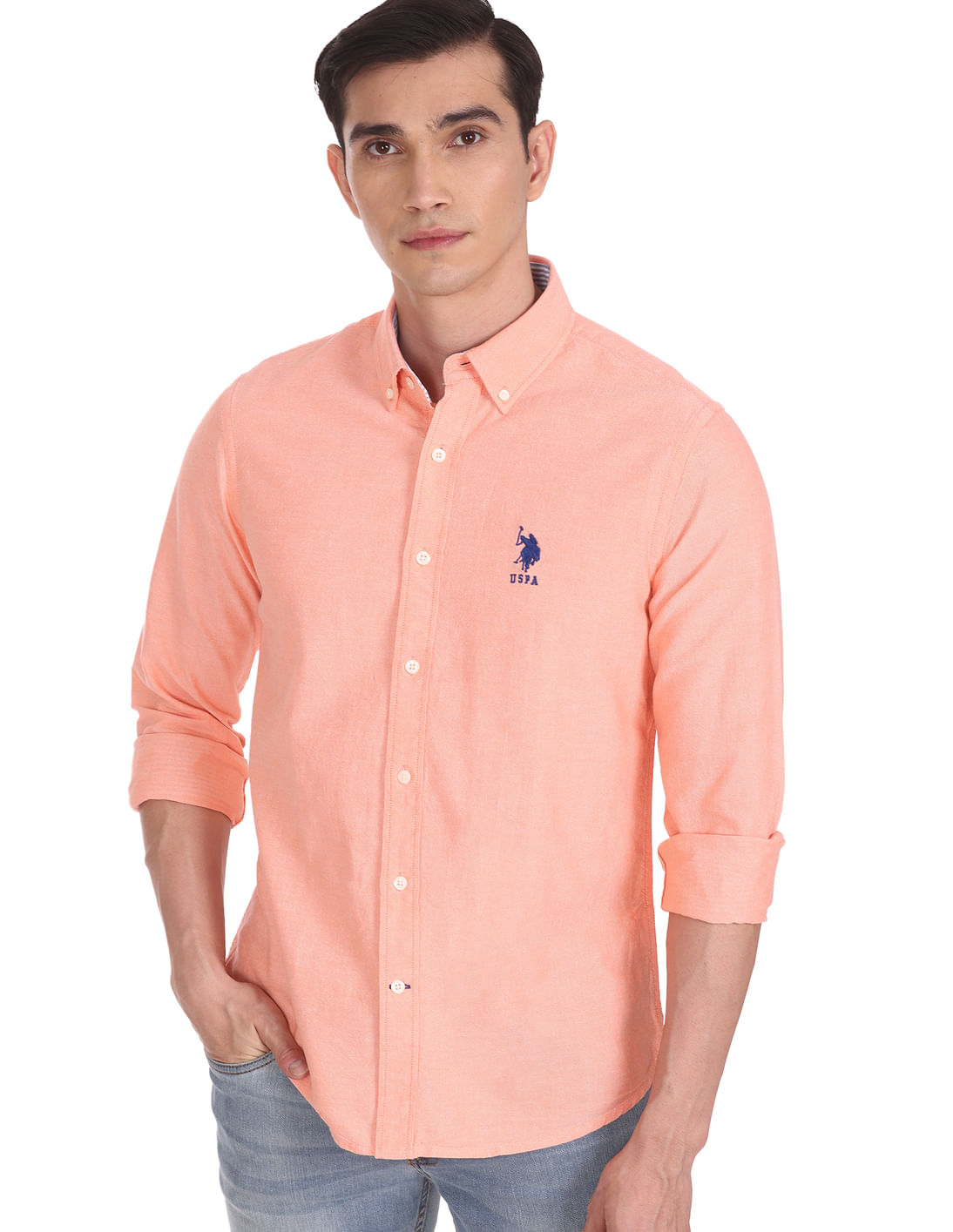 Buy U.S. Polo Assn. Men Orange Button Down Collar Cotton Solid Casual