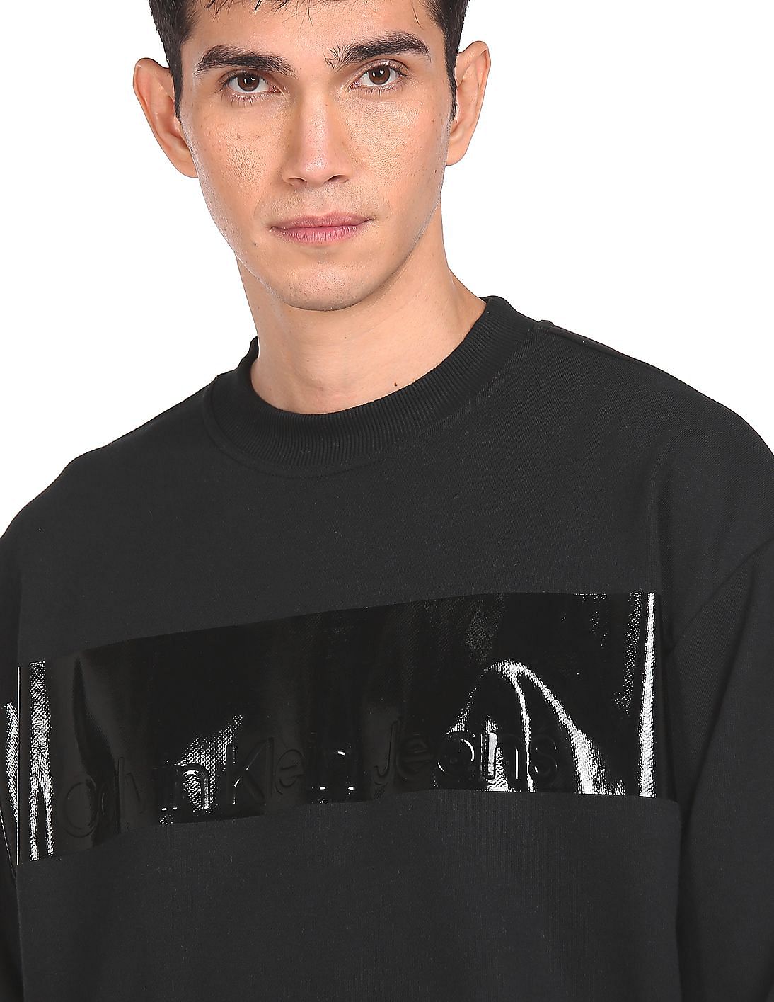 Buy Calvin Klein Jeans Men Crew Sweatshirt Shiny Black Neck Blocking Institutional