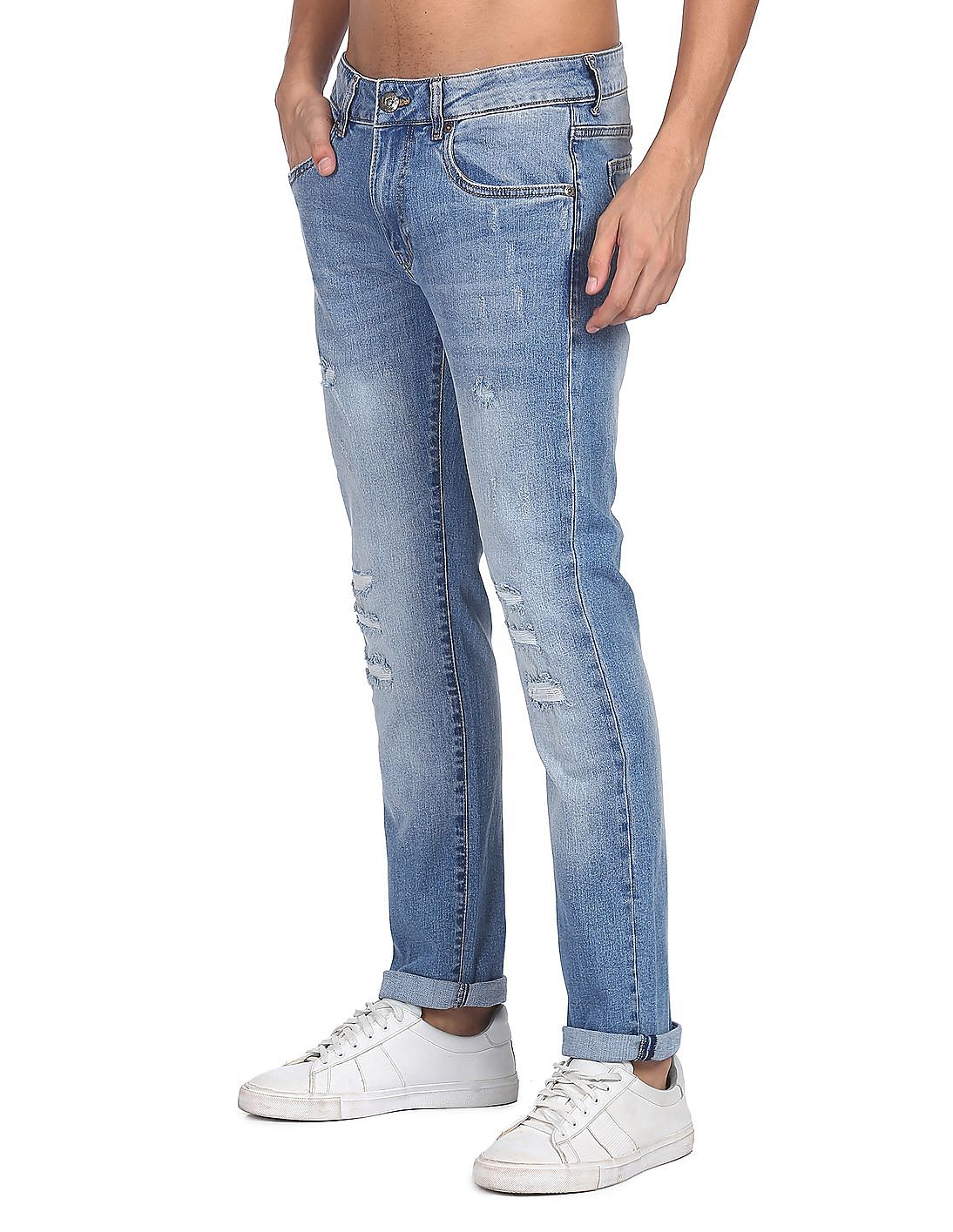 Light Blue Distressed mens Wide Jeans