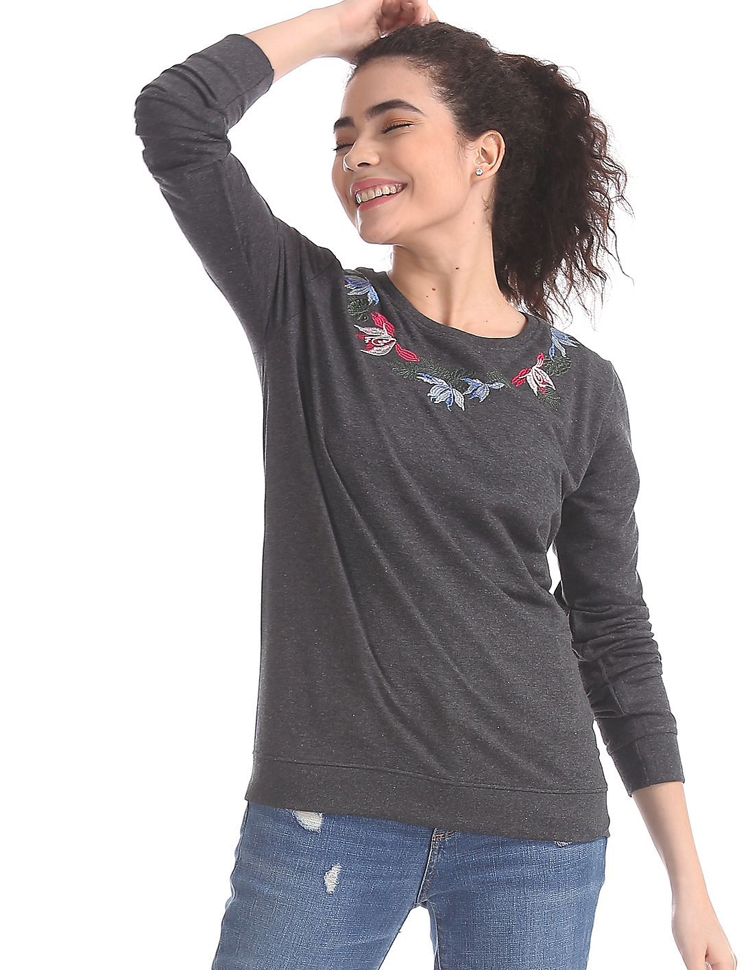 Download Buy Women Grey Embroidered Crew Neck Sweatshirt online at ...