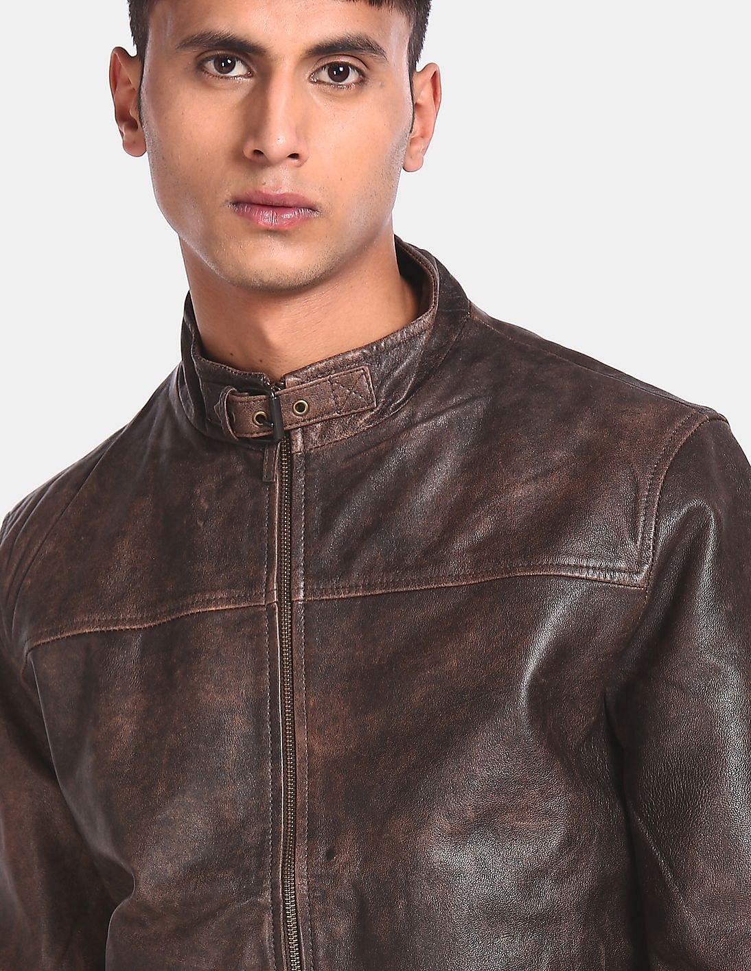 Buy Arrow Newyork High Neck Solid Leather Jacket - NNNOW.com