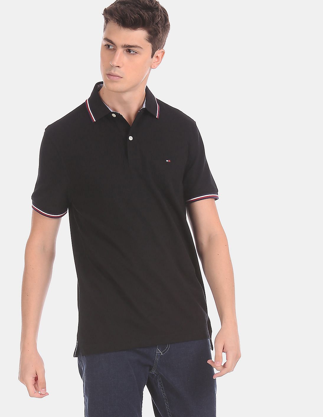 Buy Tommy Hilfiger Men Men Black Solid Wicking Tipped Polo Shirt ...