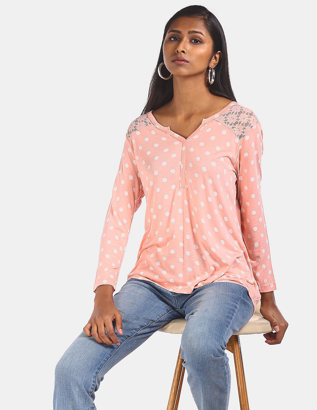 Buy Elle Studio Women Pink Long Sleeve Polka Dot Printed Top - NNNOW.com
