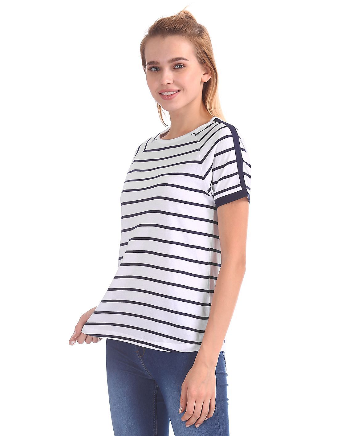 Buy Flying Machine Women Striped Raglan Sleeve T-Shirt