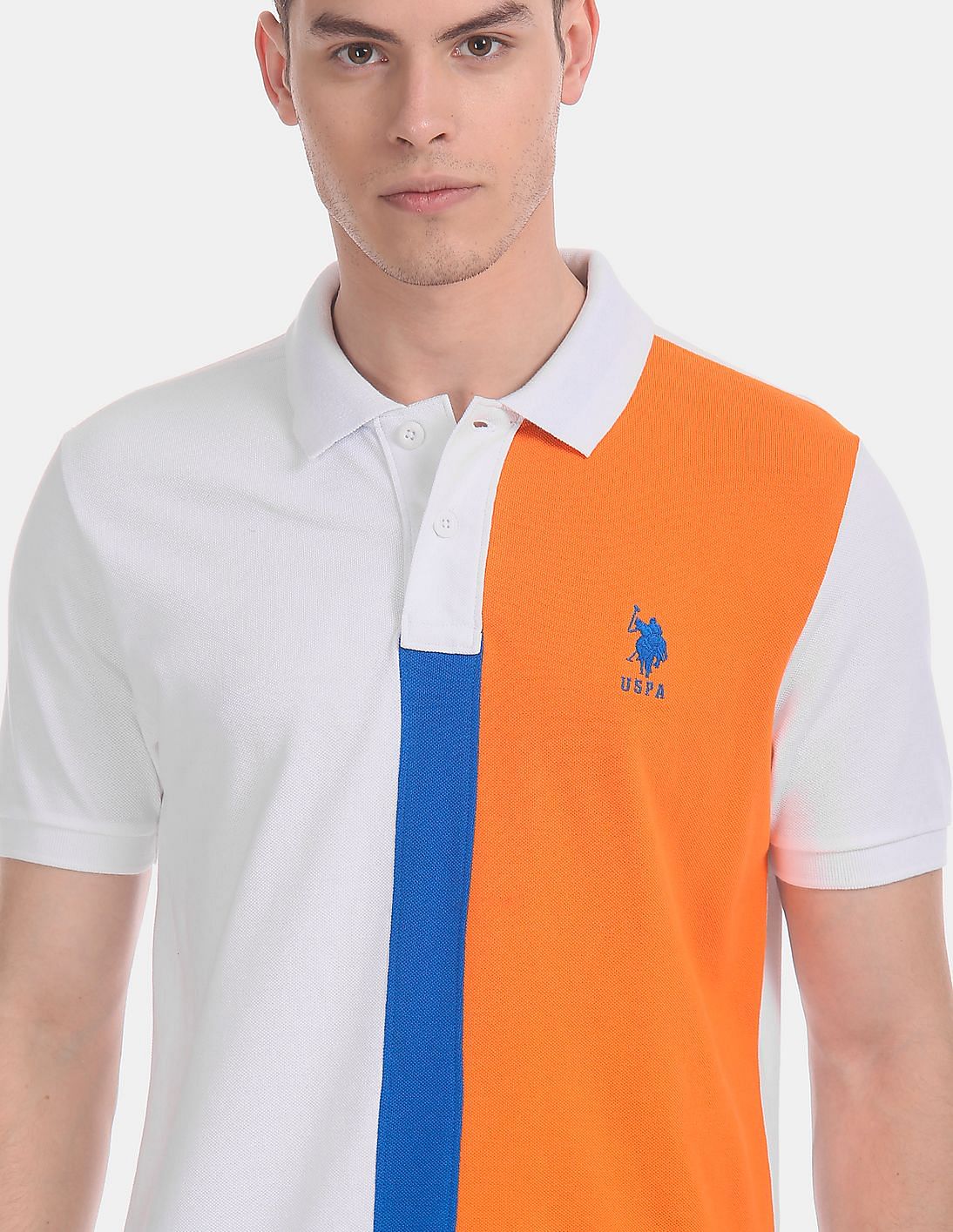 Boy's Color-Block Polo in white, oranges, navy - aka HOUSTON