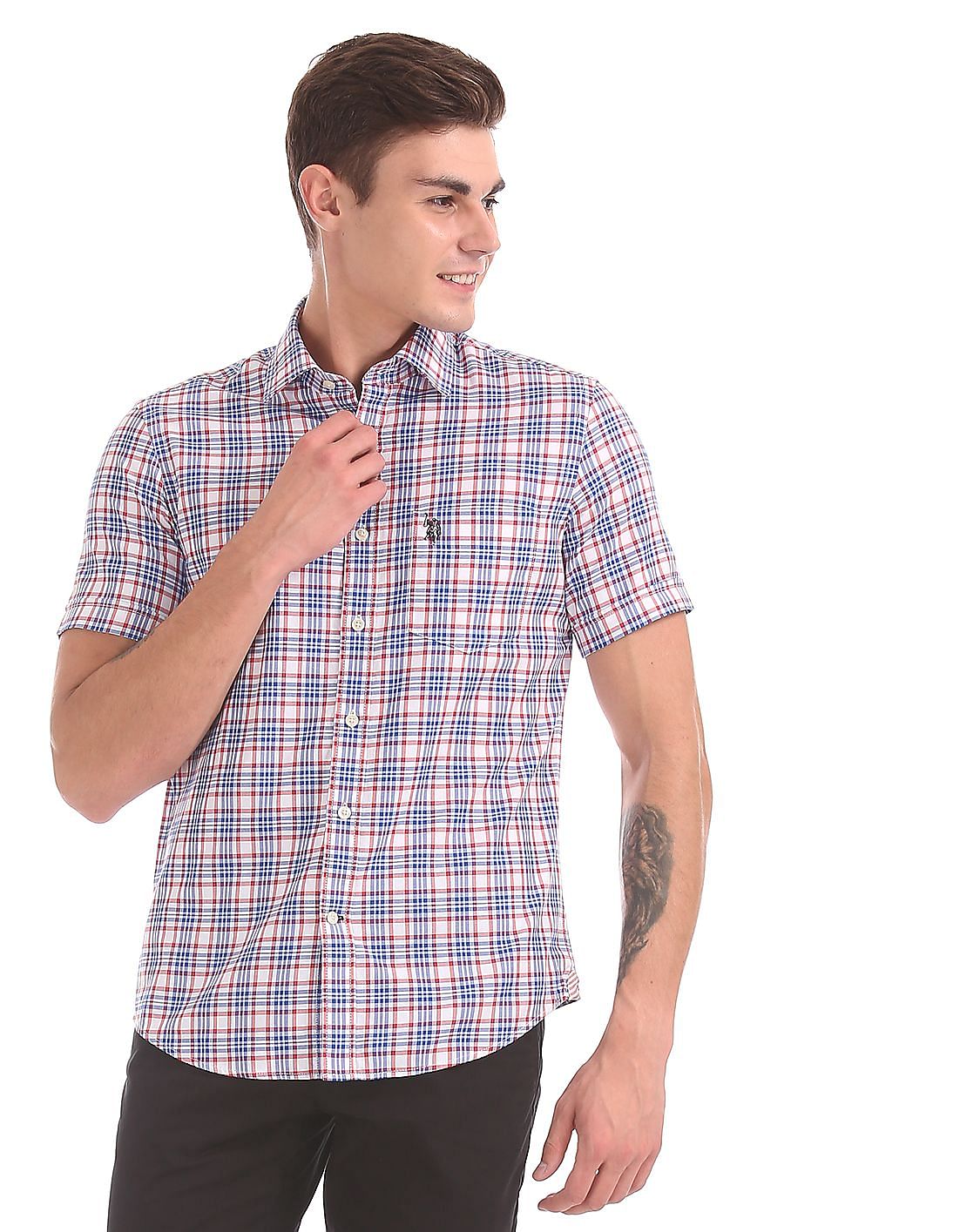Buy Men Blue And Red Semi Cutaway Collar Check Shirt online at NNNOW.com