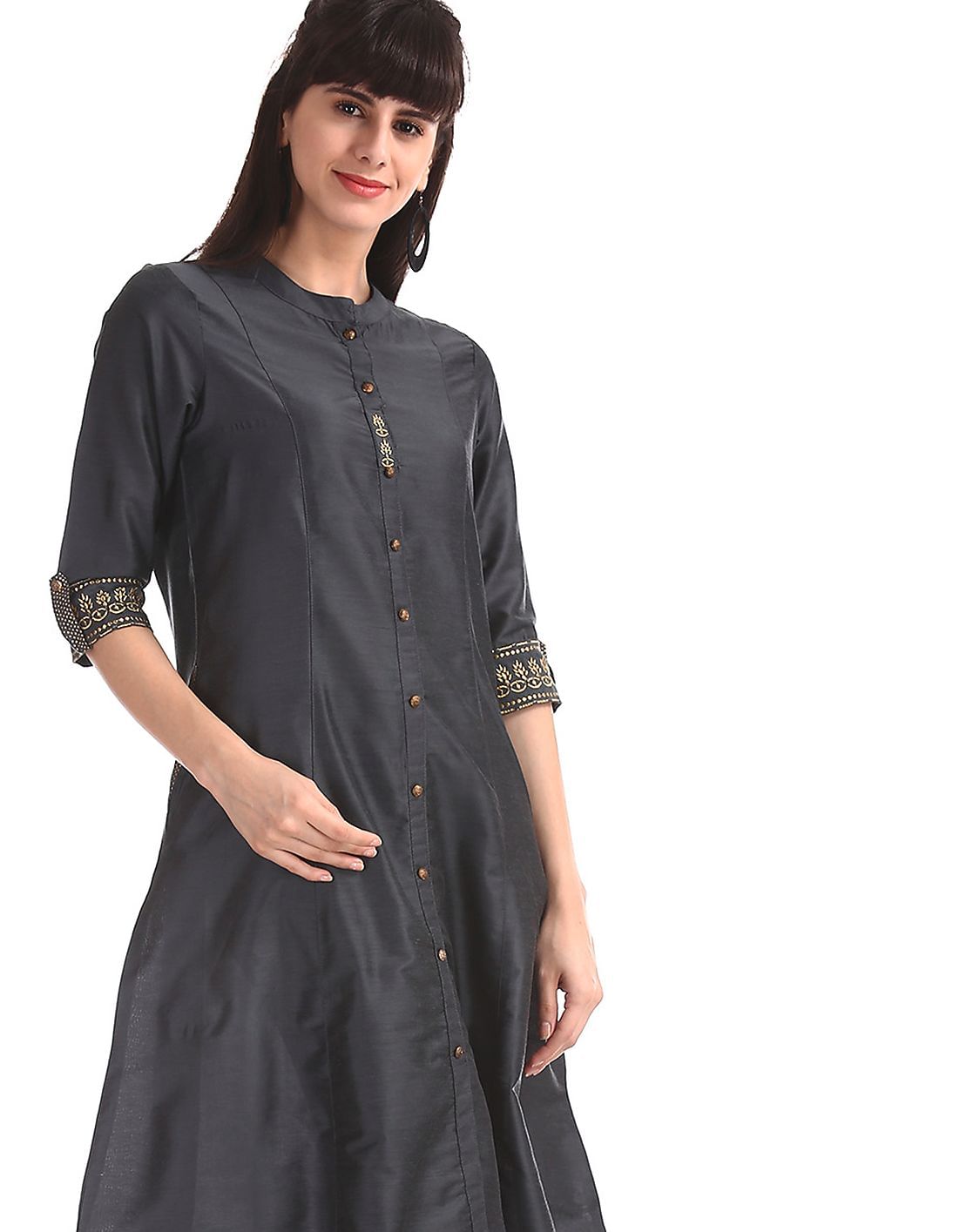 Buy Anahi Grey Mandarin Collar ALine Kurta