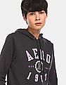 Aeropostale Women Charcoal Grey Drawstring Hood Printed Sweatshirt