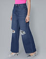 Flying Machine Women High Rise Wide Leg Distressed Jeans
