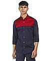 Calvin Klein Men Red And Navy Spread Collar Colour Block Casual Shirt