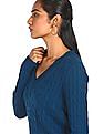 Tommy Hilfiger Women Blue V-Neck Cable Knit Sweater