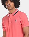 U.S. Polo Assn. Men Pink Tipped Collar Cotton Solid Pique Polo Shirt